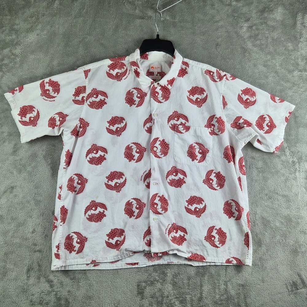 Beams Japan Bird Turtle Motif Print Shirt Mens‎ Medium Red White Made In Japan